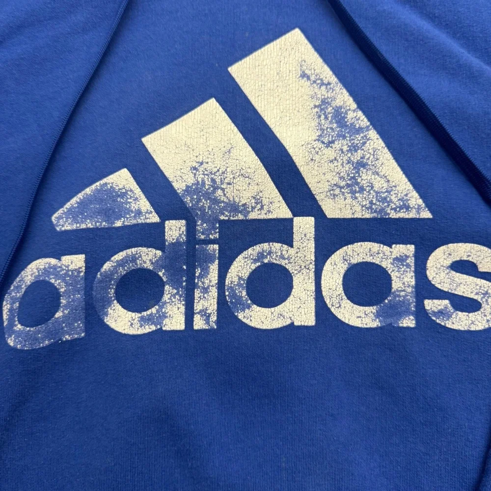Adidas Hoodie Mens 2XL Blue Pullover Distressed Logo Fleece Sweatshirt RN119208